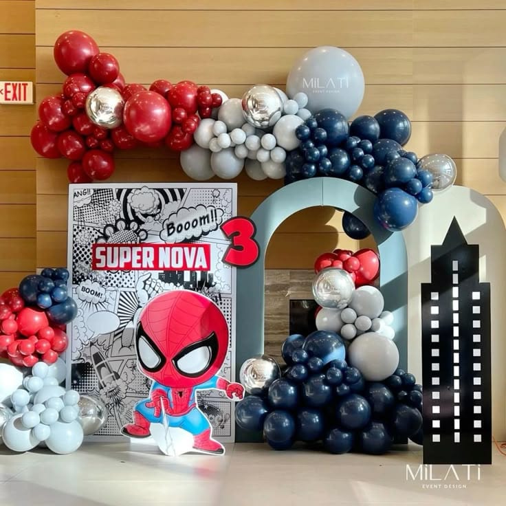 Superhero-themed balloon setup for a children's party