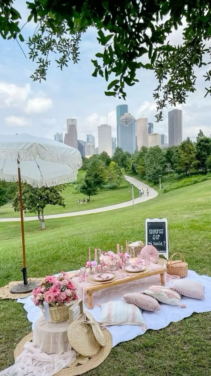 Luxe outdoor picnic with pink styling and a city skyline
