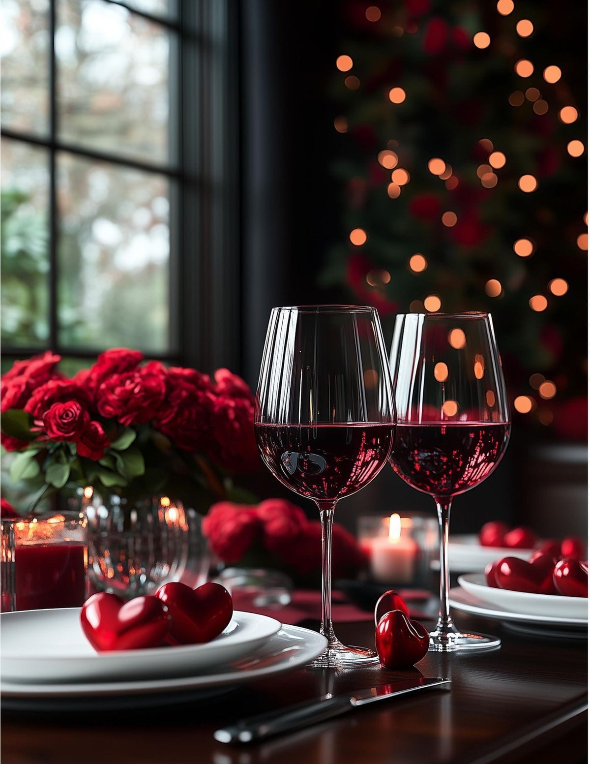 Romantic dinner with red roses, wine and heart details