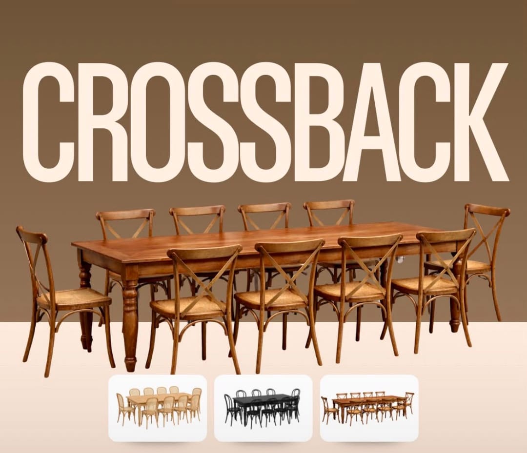 Crossback wooden tables and chairs for event hire
